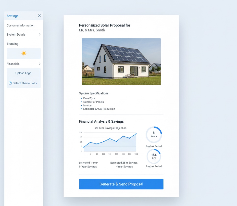 Proposal generator interface showing branded PDF output with ROI calculations and energy savings projections